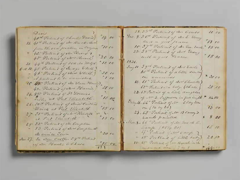 An open handwritten account ledger with columns of figures
