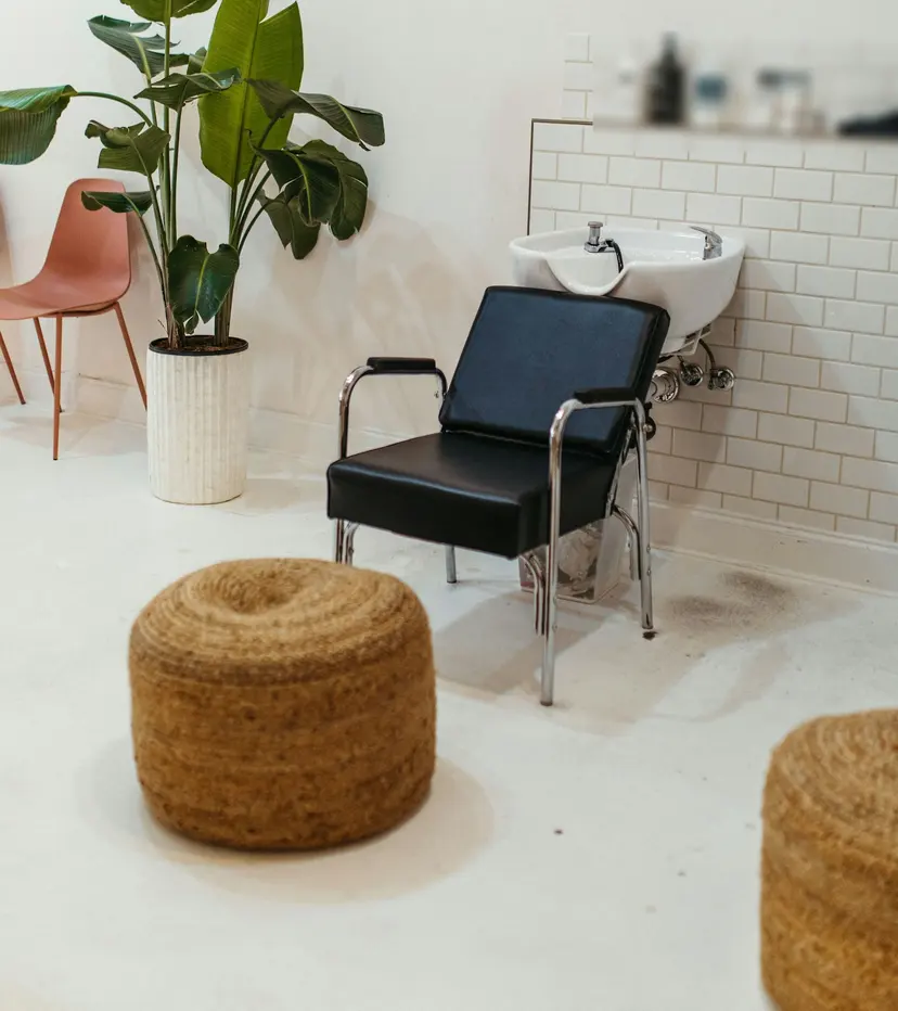 A salon wash basin and chair beside a large plant