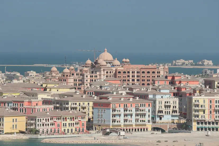 Pastel apartment buildings of Qanat Quartier at The Pearl, Doha