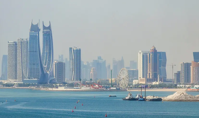 The Lusail skyline seen across the water from Qetaifan Island, Qatar