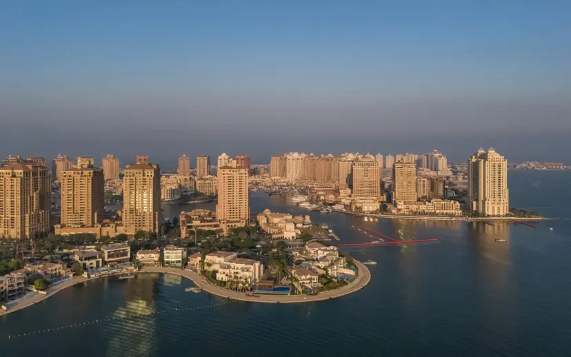 A drone view of the West Bay Lagoon towers and villas in Doha in the late afternoon