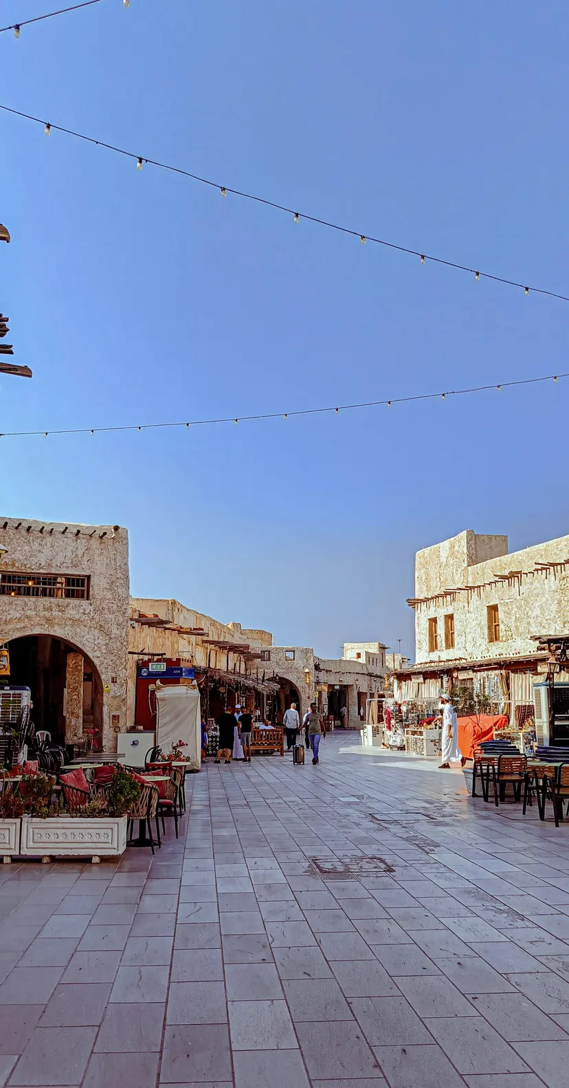 Shops and cafés along a lane in Souq Waqif, Doha