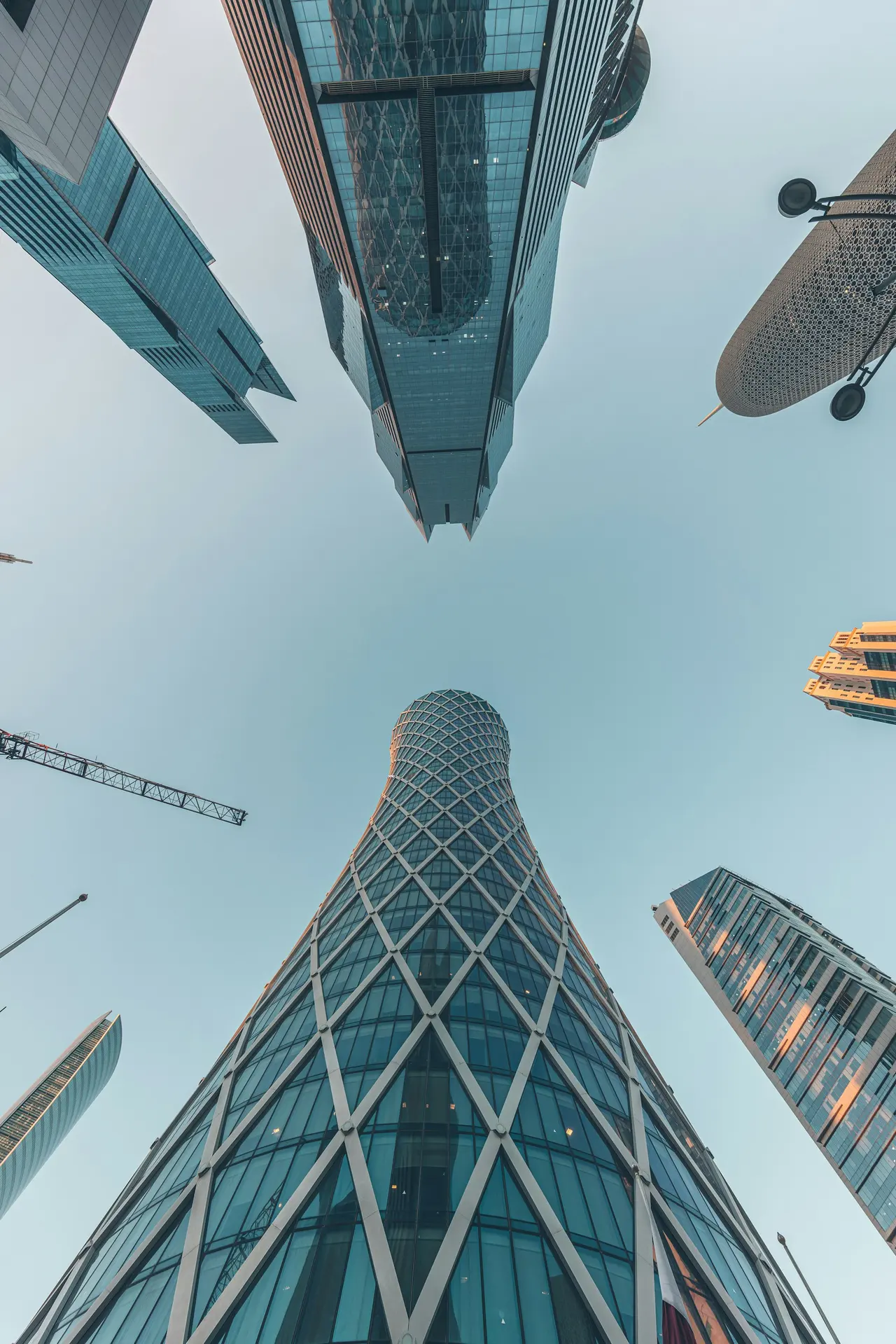 Office towers in West Bay, Doha, seen from street level
