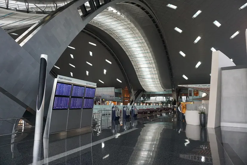 The check-in hall of Hamad International Airport, beside the Ras Bufontas free zone