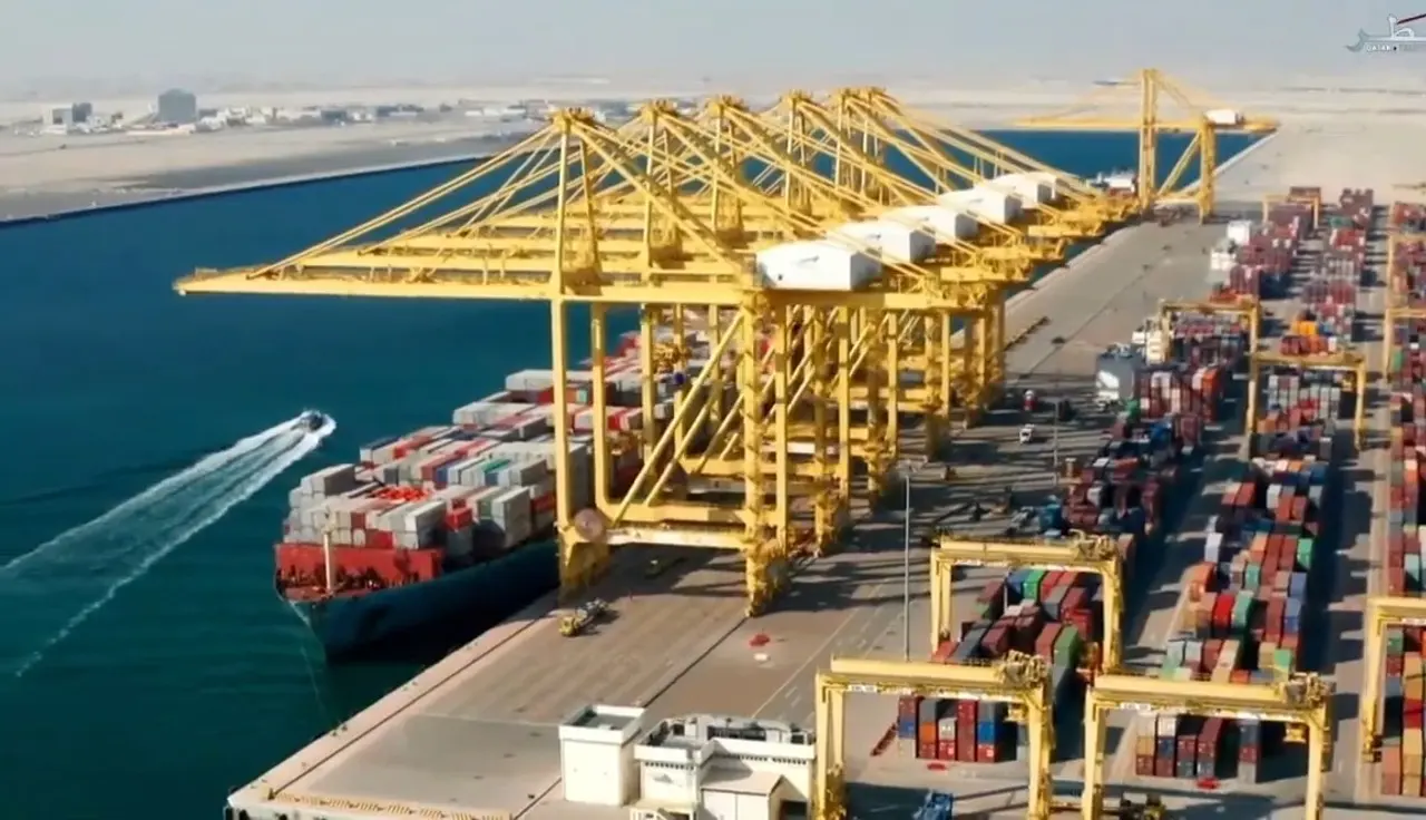 An aerial view of the container cranes and quays at Hamad Port