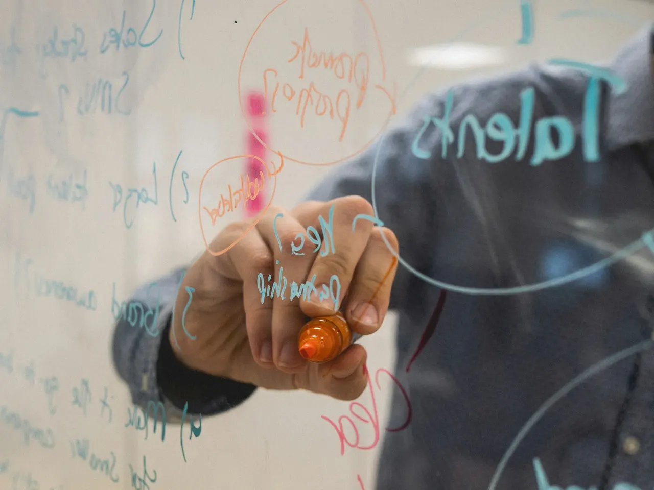 A manager writing a hiring plan on a glass board