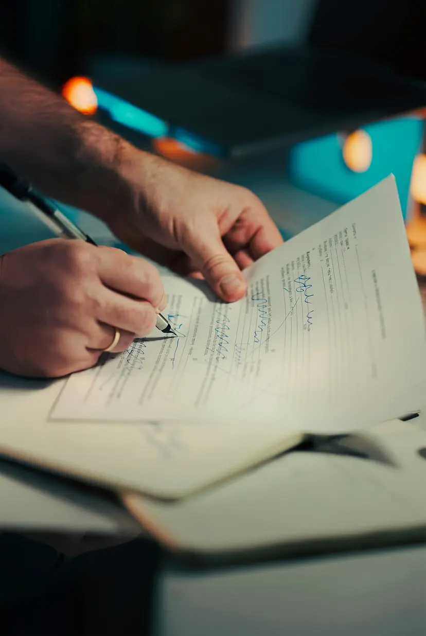 A hand signing a printed form with a pen at a desk