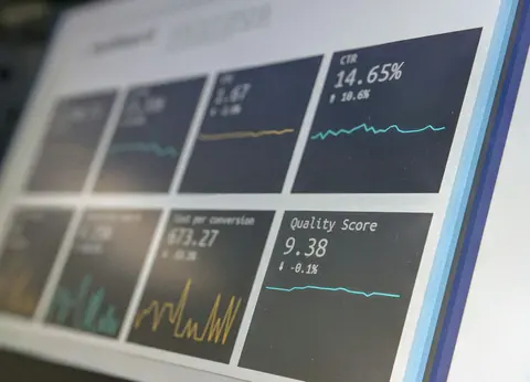A marketing dashboard showing click-through rate, cost per conversion and quality score