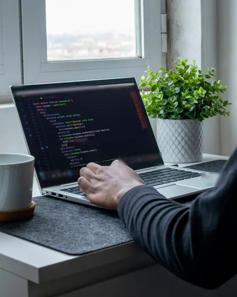 A developer typing code on a laptop beside a potted plant